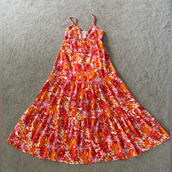 She+Sky Floral Deep V Maxi Dress S Straps Summer Sundress Tangerine & Fuchsia - Picture 15 of 16
